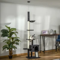 PawHut 110" Huge Cat Tree Kitty Activity Center Floor-to-Ceiling Cat Climbing Toy with Scratching Post Board Hammock Hanging Ball Rest Pet Furniture Dark Grey(m-8)