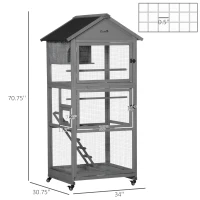 PawHut 71" Bird Cage Large Mobile Wooden Aviary for Canary Cockatiel with Wheel Perch Nest Ladder Slide-out Tray for Indoor Outdoor Dark Grey(m-3)