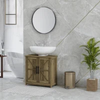 HOMCOM Farmhouse Pedestal Sink Storage Cabinet, Bathroom Sink Cabinet with 2 Barn Doors and Adjustable Shelf, Light Gray(m-10)