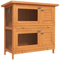 PawHut 2-Tier Wooden Rabbit Hutch Small Animal House Bunny Pet Cage with 2 Main Rooms, Sliding Tray, Opening Top, Yellow(m-2)