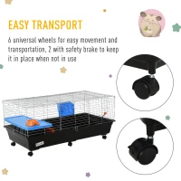 PawHut 47" Small Animal Cage, Rolling Guinea Pig Cage with Food Dish, Water Bottle, Hay Feeder, Platform, Ramp, Black(m-5)