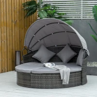Outsunny 2 Pcs Rattan Outdoor Daybed with Retractable Canopy, Wicker Round Patio Daybed Set with Cushions & Pillows, Mixed Grey(m-1)