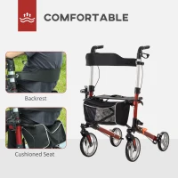 HOMCOM Lightweight Folding Rolling Walker with Large Seat, Back, Adjustable Handle, Bag, Dual Brake, Cane Holder, Red(m-6)