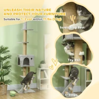 PawHut 89"-100" Floor to Ceiling Cat Tree w/ Scratching Post, Cat House, 3-Steps, Hanging Ball, Perches, Light Grey(m-6)