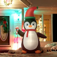 HOMCOM 8ft Christmas Inflatables Outdoor Decorations Penguin with Candy Cane, Blow-Up Yard Christmas Decor with LED Lights Display(m-10)