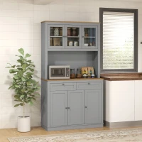 HOMCOM 71" Pantry Cabinet with Microwave Space, Buffet with Hutch, 2 Drawers, Adjustable Shelves and Glass Doors, Grey(m-1)
