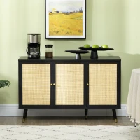HOMCOM Kitchen Sideboard Cabinet, Boho Storage Cabinet with Shelves, Wood Legs, Decorative Rattan Doors, Black(m-7)