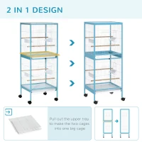 PawHut 55.1" 2 In 1 Bird Cage Aviary Parakeet House for finches, budgies with Wheels, Slide-out Trays, Wood Perch, Food Containers, Light Blue(m-4)