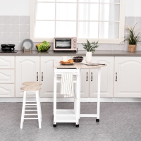 HOMCOM Kitchen Trolley 3 Piece Kitchen Cart Set Drop Leaf Breakfast Table and 2 Stools w/ Rolling Wheels & Towel Bars, Wood & White