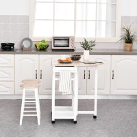 HOMCOM Kitchen Trolley 3 Piece Kitchen Cart Set Drop Leaf Breakfast Table and 2 Stools w/ Rolling Wheels & Towel Bars, Wood & White(m-1)