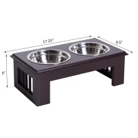 PawHut 6" Height Small Puppy Dog Feeding Station for Messy Pets, Stainless Steel Elevated Dog Bowls with Modern Wooden Frame, Dog Food Stand Pet Feeding Station, Dark Brown(m-3)