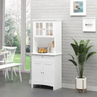 HOMCOM Kitchen Buffet Hutch Wooden Storage Cupboard with Framed Glass Door, Drawer and Microwave Space, White(m-1)