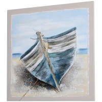 HOMCOM Boat Wall Art Hand-Painted Canvas Painting Beach Artwork Modern Framed Prints for Living Room Bedroom Decor Blue, 35.5" x 35.5"(m-11)