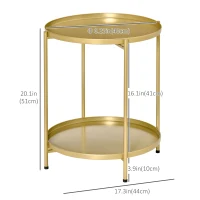HOMCOM 2-Tier Gold Side Table, Round Nightstand with Removable Trays Folding Metal Frame Adjustable Foot End Table for Living Room Bedroom(m-3)