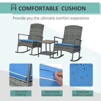 Outsunny 3 Piece Patio Rocking Chair Set, 2 PE Wicker Rocking Chairs, Cushioned, 1 Two-Tier Wood Slat Coffee Table, Rattan Front Porch Furniture, Blue(m-5)