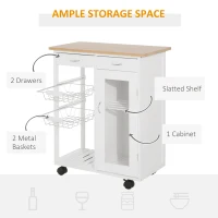HOMCOM 28" Rolling Kitchen Island with Storage, Kitchen Cart with Solid Bamboo Top, Wire Basket,Door Cabinet and Drawers, White(m-4)