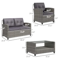 Outsunny 4 Piece PE Rattan Wicker Patio Furniture Set with Two-tier Coffee Table and Cushions, Dark Gray(m-3)
