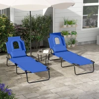 Outsunny 2PCS Adjustable Outdoor Lounge Chair, Garden Folding Chaise Lounge with Face Hole Reclining Tanning Chair Seat, Folding Camping Beach Lounging Bed w/ Head Support Blue(m-1)