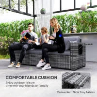 Outsunny 3 Seater Wicker Sofa with Side Trays, Outdoor Patio Couch with 6" Thick Back Cushions, Deep Seating, Mixed Gray(m-4)