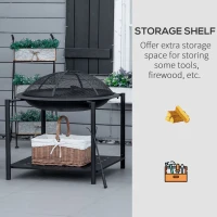Outsunny 29.1in Outdoor Fire Pit with Screen Cover and Storage Shelf, Wood Burning Fire Bowl with Poker for Patio, Backyard, Black(m-6)