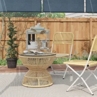 Outsunny Rattan Outdoor Coffee Table, Patio End Table with Tempered Glass Tabletop & Steel Frame, Wicker Furniture, Nature Wood(m-1)