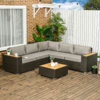 Outsunny 6 Pieces Outdoor Rattan Patio Furniture Set with Corner Sofa, Wood-Plastic Coffee Table, Light Grey