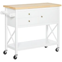HOMCOM Rolling Kitchen Island Cart, Utility Trolley Cart with Rubberwood Top Storage Cabinet, 2 Drawers, Towel Rack, White(m-1)