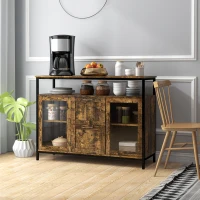 HOMCOM Kitchen Sideboard Industrial Style Serving Buffet Storage Cabinet Cupboard with Adjustable Shelves, Glass Doors, 2 Drawers for Dining, Living Room, Rustic Brown(m-1)