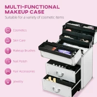 HOMCOM Rolling Makeup Train Case, Large Storage Cosmetic Trolley, Lockable Traveling Cart Trunk with Folding Trays, Swivel Wheels and Keys, Silver(m-4)