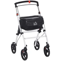 HOMCOM Upright Walker Rollator, Rolling Walker with Storage Bag, Tray, Dual Brakes, Adjustable Height, for Seniors, White(m-11)