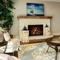 HOMCOM 2 Pack 30"/21" Large Fine Woodworking Decorative Lantern, Metal Hanging Wooden Indoor Covered Outdoor Lantern for Home Décor (No Glass), Black and Natural Wood Faded Colour(m-9)