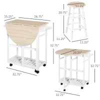 HOMCOM Kitchen Trolley 3 Piece Kitchen Cart Set Drop Leaf Breakfast Table and 2 Stools w/ Rolling Wheels & Towel Bars, Wood & White(m-3)