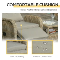 Outsunny 3 Pieces Patio Wicker Bistro Set, PE Rattan Coffee Table & Adjustable Recline Chairs Furniture Set with Cushions and Wood Grain Plastic Top, Khaki(m-5)