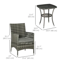 Outsunny 3 Pieces Wicker Patio Furniture Set, Rattan Bistro Set with Glass Top Coffee Table and Cushions, Outdoor Conversation Set for Garden, Porch, Balcony, Mixed Grey(m-3)