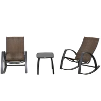 Outsunny 3 Pieces Patio Wicker Rocking Chair Set, Outdoor PE Rattan Bistro Rocker Set w/ Aluminum Frame, and Glass Top Coffee Table for Garden, Porch, Poolside, Brown(m-15)