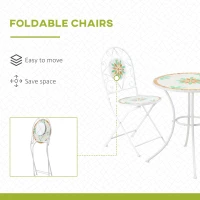 Outsunny 3 Piece Patio Bistro Set, Floral Mosaic Pattern, Metal Folding Chairs, Foldable Outdoor Dining Table for Coffee, Decor, Garden, Poolside, Porch, White(m-5)