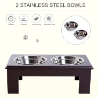 PawHut 6" Height Small Puppy Dog Feeding Station for Messy Pets, Stainless Steel Elevated Dog Bowls with Modern Wooden Frame, Dog Food Stand Pet Feeding Station, Dark Brown(m-5)