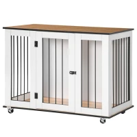 PawHut Dog Crate, Dog Cage End Table with Wheels & Big Tabletop, Indoor Dog Crate Furniture with Lockable Door, White(m-11)