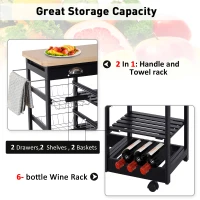 HOMCOM Rolling Kitchen Island Trolley Serving Cart Wheeled Storage Cabinet w/ Basket Shelves and Drawers Black(m-6)