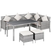Outsunny 5 Pieces Wicker Patio Conversation Dining Furniture Set with Cushions, Table and Ottomans, Cream White(m-11)