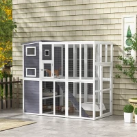 PawHut Wooden Outdoor Catio with Platforms, Asphalt Roof, Ramps, Light Gray(m-10)