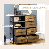 HOMCOM Living Room Storage Cabinet, Industrial Accent Cabinet with 6 Fabric Bins, 2 Open Shelves for Living Room, Rustic Brown(m-4)