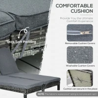 Outsunny Wicker Double Chaise Lounge Chair Outdoor Recliner 2 Person Rattan Patio Reclining Sunbed Furniture Cushioned w/Adjustable Backrest, Black, Grey(m-6)