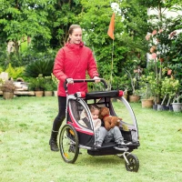 Aosom 2 Seat Bike Trailer for Kids 2-in-1 Double Baby Jogging Stroller with Handbrake, Rubber Wheels, 5 Point Harness, Waterproof Cover, Storage Bag, Reflectors, Red(m-8)