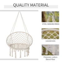 Outsunny Patio Hammock Chair, Hanging Rope Hammock Swing for Indoor & Outdoor Use with Backrest, Cotton-Polyester Blend, Fringe Tassels, Cream White(m-5)