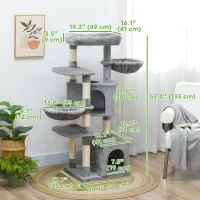 PawHut 52.5" Cat Tree Tower with Scratching Posts, Cat Condos, Bed, Platforms, Hammocks, for Indoor Cats, Grey(m-3)
