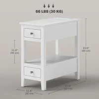 HOMCOM Narrow Side Table with Charging Station, USB Ports, Modern End Table with Storage Shelf, Drawers for Living Room, White(m-3)