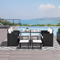 Outsunny 9 Pieces Patio Wicker Dining Set, PE Rattan Garden Sectional Sofa Outdoor Space-Saving Furniture Sets, White(m-8)