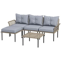 Outsunny 5-Piece Rattan Patio Furniture Set with Sofa, Chaise Lounge, Coffee Table, Footstools, Cushions, Light Gray(m-1)
