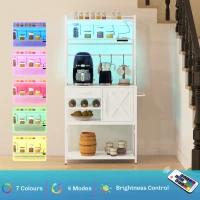 HOMCOM Industrial Kitchen Shelves with Charging Station and LED Lights, Kitchen Storage Rack with Barn Door, White(m-5)